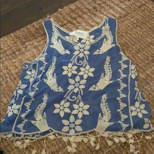 Blue and white embroidered tank